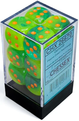 Chessex 12 Piece 16mm D6 Dice Gemini Plasma Green-Teal/Orange (26670)