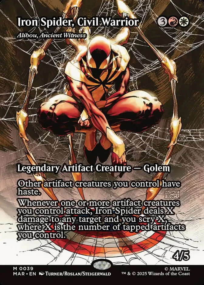 Iron Spider, Civil Warrior - Alibou, Ancient Witness - Borderless - Full Art - Inverted - Legendary